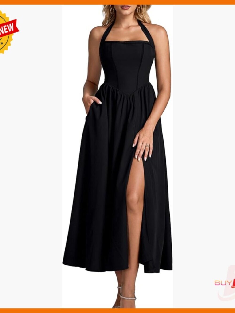 Halter Midi Corset Sundress with Pockets, Flowy Slit, Wedding Guest Dress